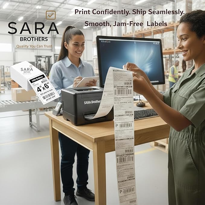 SARA Brothers 4x6 Direct Thermal Shipping Labels (Pack of 3000 Labels / 6 Fanfold Stacks), Commercial Grade, Waterproof, BPA-Free, Compatible with Rollo, Munbyn, Zebra