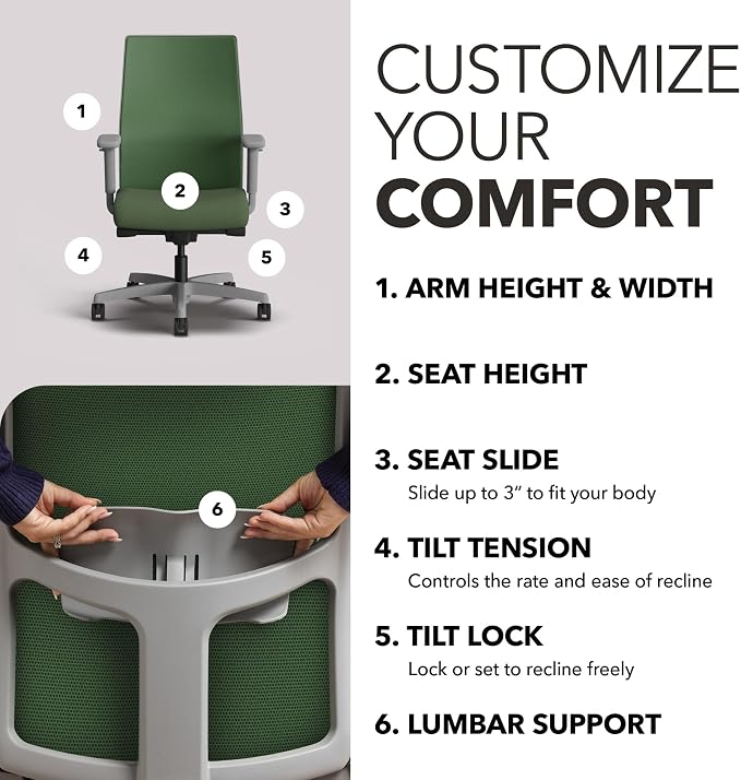 HON Ignition 2.0 Ergonomic Office Chair, Lumbar Support, Desk Chair, Leaf | Ergonomic office desk chair with lumbar support, adjustable arms, office decor, workstation comfort for focused productivity
