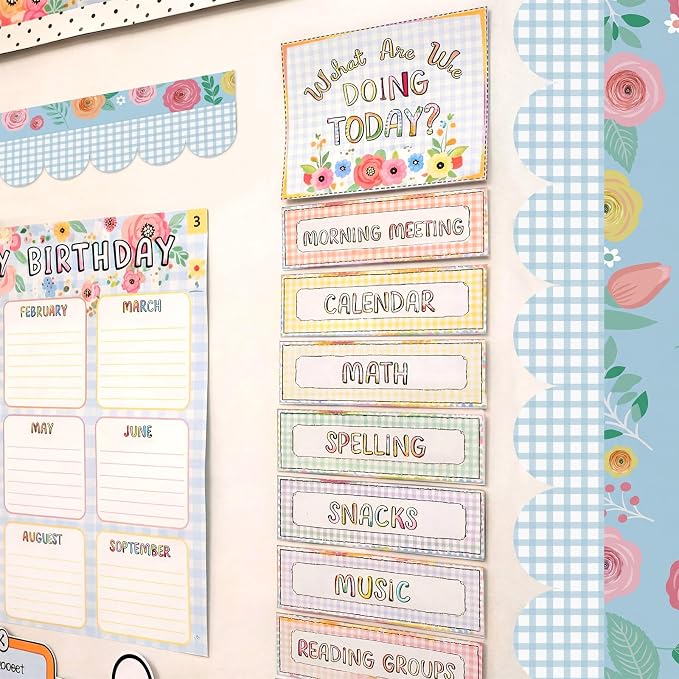 Gilprop 100 ft Back to School Bulletin Board Border Wildflower Blue Gingham | Pastel Classroom Decorations, Floral Checkered Scalloped, Preschool Kindergarten Office Teacher Supply, Wall Decor