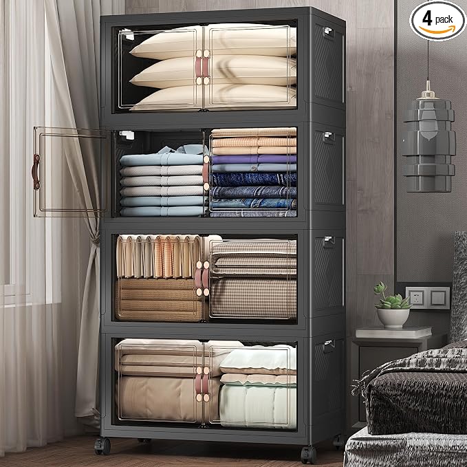 672QT Stackable Storage Bins with Lids,Doors & Wheels | Closet Organizers and Storage Cabinet, Lockable Plastic Foldable Drawers for Bedroom Dorm Office Garage（168QT*4,Black）