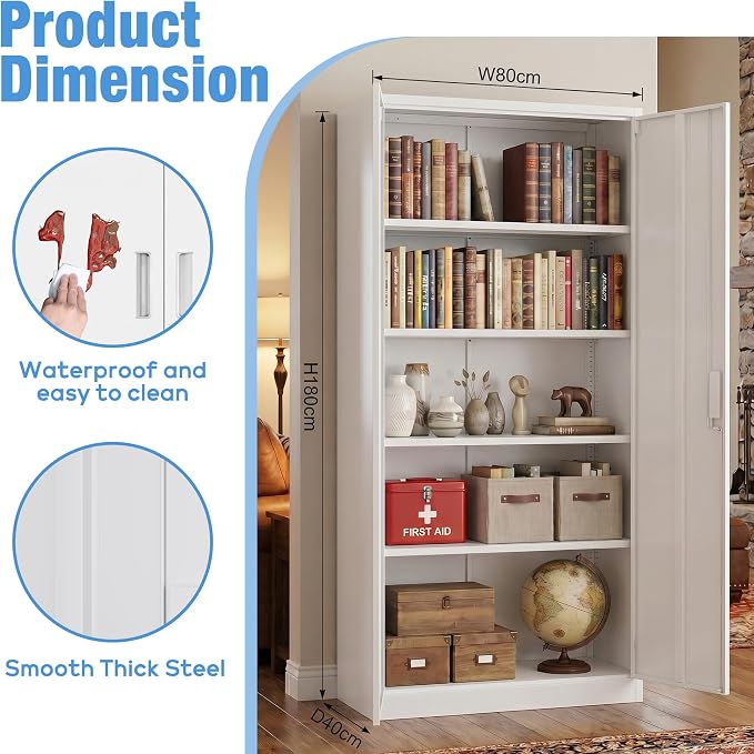 71-Inch White Metal Storage Cabinet with Locking Doors | Four adjustable shelves organize tools, files, pantry supplies, and office items in a tall freestanding cabinet.