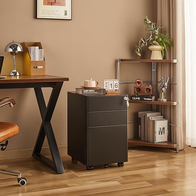 Approgreent Fully Assembled 3 Drawer File Cabinets for Home Office | Lockable Mobile Filing Cabinet with Anti-tipping Wheels, Fits A4, Letter & Legal Size Files & Folders, Matte Black