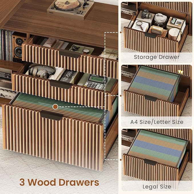 SEDETA 57" L Shaped Standing Desk with Storage, Electric Height Adjustable Curved Executive Desk, Fluted Desk with Drawers & Power Strip for Home Office, Brown