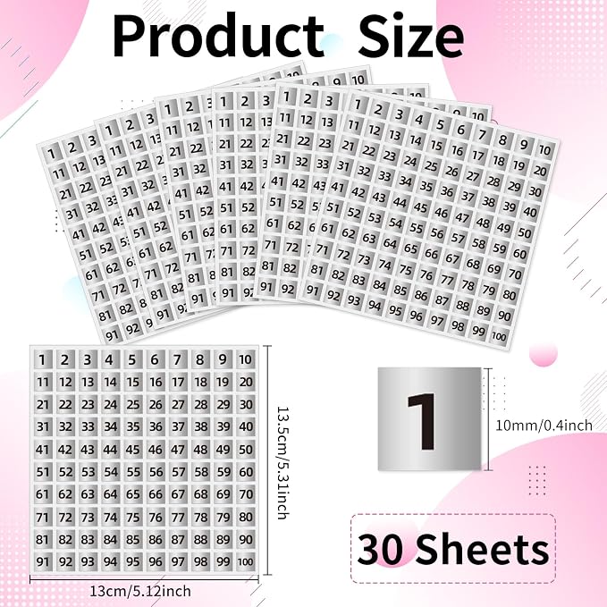 STARLIBOO 1 to 100 Consecutive Number Stickers, 0.4 inch Square Small Number Stickers Labels for Inventory, Storage, Organizing, Boxes, Bins, Toolbox, Locker (3000 Labels, Matte Silver)