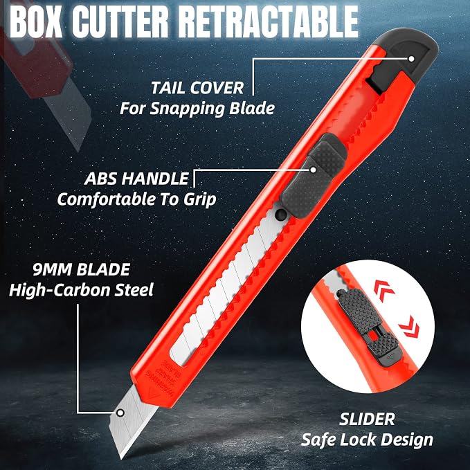 10 Pack Box Cutter Retractable, 9mm Razor Knife, Utility Knife | Snap-off blades, exacto knife and box opener for boxes, cartons, cardboard, paper, vinyl and rope for home, office and school
