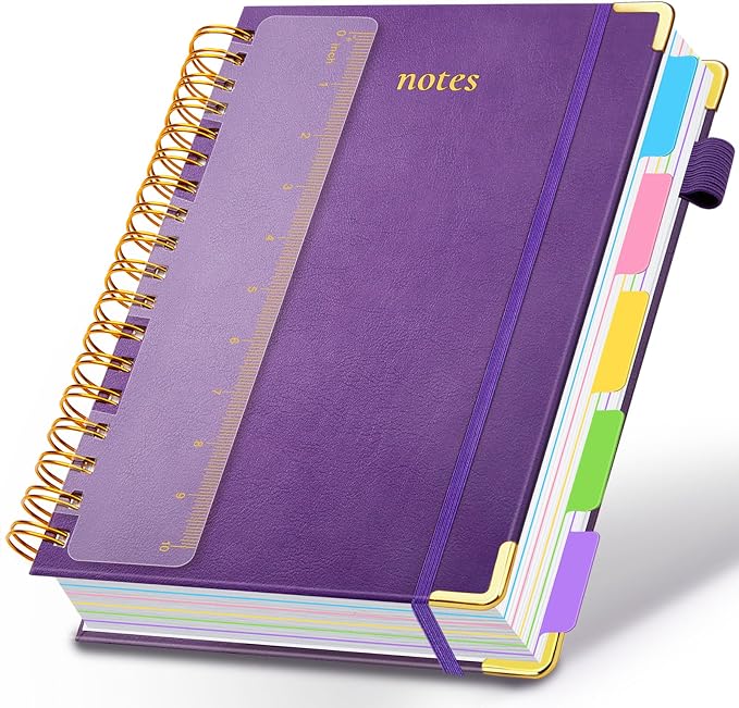 Hardcover Spiral Notebook 8.5"x11" Journal Notebook with Tabs and Removable Dividers 300 Pages 5 Subject Notebook College Ruled, Faux Leather Spiral Bound Notebook for Women School Work (Purple)