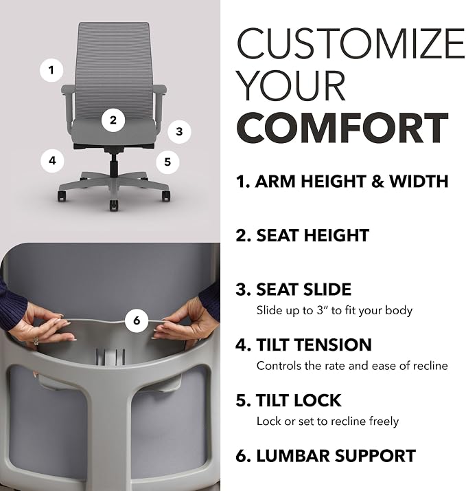 HON Ignition 2.0 Ergonomic Office Chair, Lumbar Support, Office Desk, Frost | Ergonomic office desk chair with lumbar support, adjustable arms, office decor, workstation comfort for focused productivity