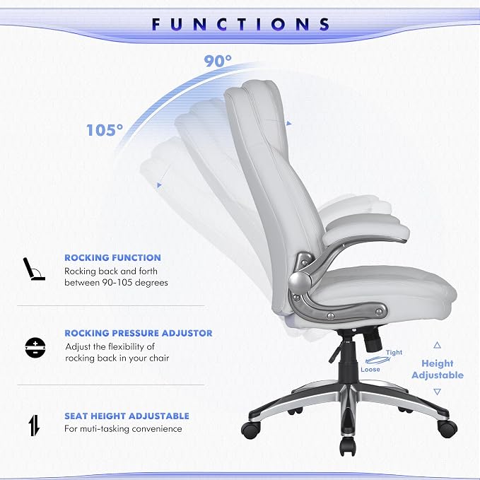 COLAMY Executive Office Chair-Ergonomic Computer Desk Chair, High Back Leather Chair with Padded Flip-up Arms, Swivel Home Office Chair Upgraded Caster, White