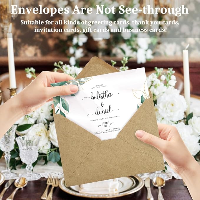 50 Pack A7 Envelopes, Kraft Greeting Card Envelopes Self Seal, 5.24 x 7.24 in Envelopes for Birthday Graduation Baby Shower Wedding Invitation Cards