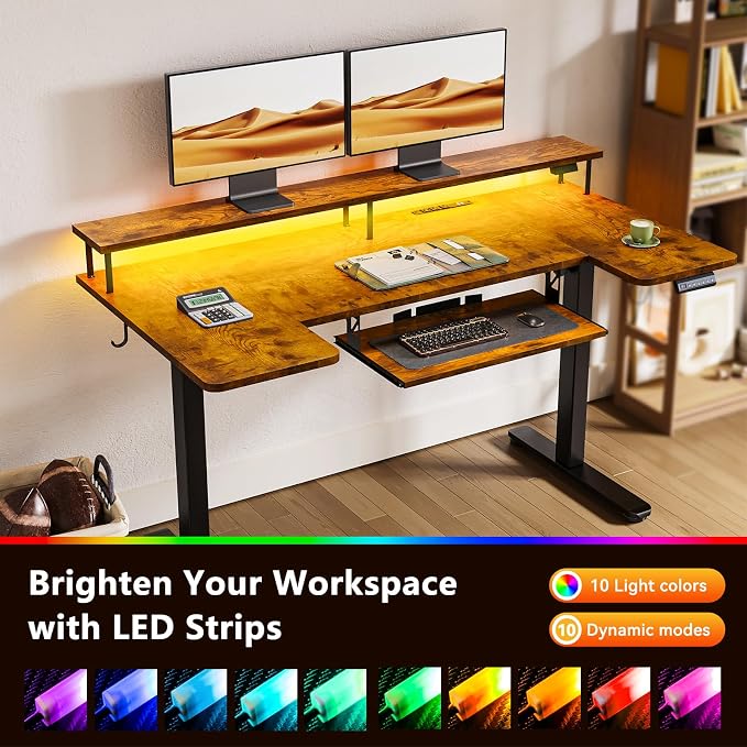 55 Inch U Shaped Standing Desk with Keyboard Tray, Rustic Brown | Power Outlet, Dual-Monitor Stand, LED Light, 3 Presets, 28.3"-46.5"in Range, 154 lb Capacity