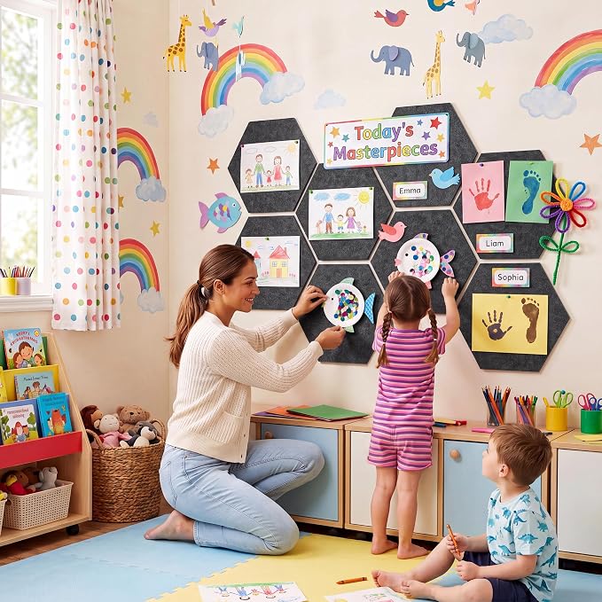 8-Pack Hexagon Felt Bulletin Board Tiles, Cork Board Alternative | For students and teachers creating vision boards in homes, offices, dorms or classrooms; includes 30 push pins.