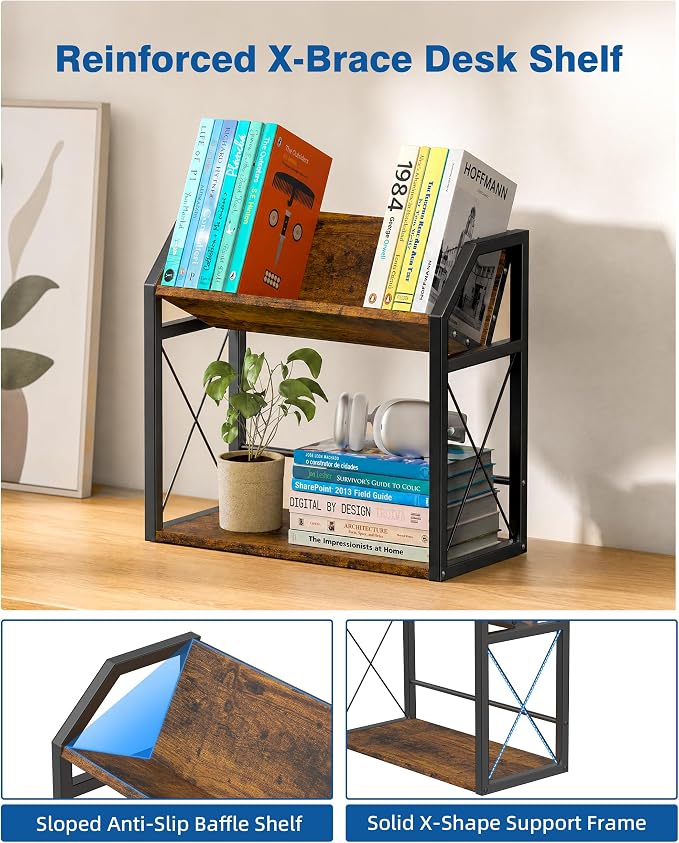 Desktop Bookshelf, Wooden Desk Shelf Organizer, Brown | 2-Tier Desk Top Storage Rack for Office, Dorm, Bedroom Decor, Small Tabletop Shelf for Books, Plants & Accessories