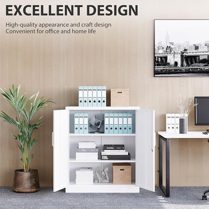 White Metal Storage Cabinet with Doors and Shelves,36 inch Small Metal Cabinet with Lock,Short Garage Storage Cabinets,Locking Steel Cupboard for Home,Office,Kitchen,Garages