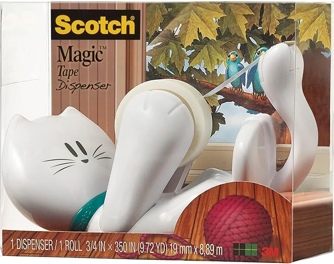 Scotch Cat-810 19 mm x 8.89 m Cat Tape Dispenser, White, 1 Roll Magic Tape