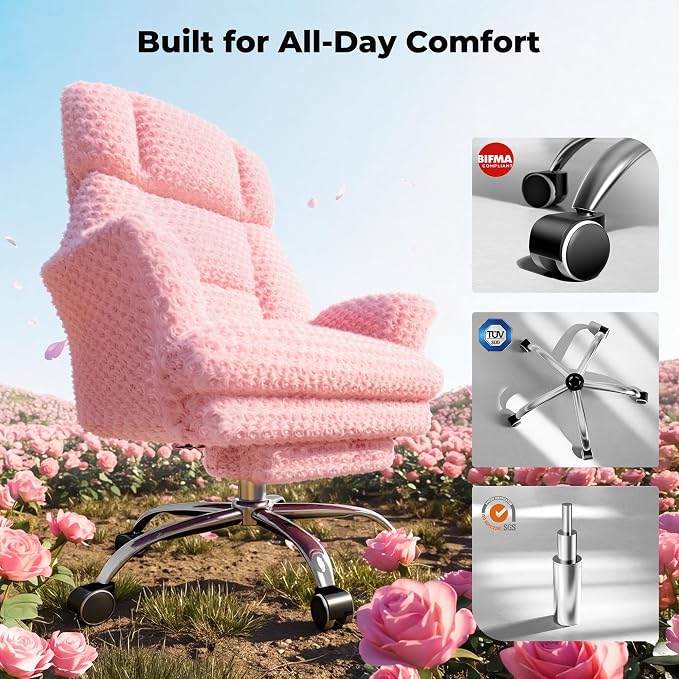 Big and Tall Office Chair, Flip Armrests for Pets & Cross Legged Sitting | Executive Ergonomic Computer Gaming Chair with Foot Rest, Rose Velvet Pink Wide Seat Reclining Desk Chair