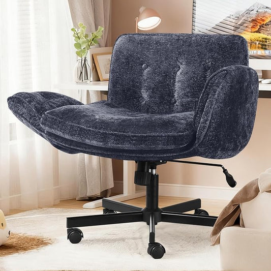 Criss Cross Chair with Wheels & Arms, Chenille Cross Legged Office Chair with 5-level Folding Armrest, Comfortable Adjustable Swivel Vanity Chair for Home, Make Up, Bed Room, Office, Accent (Blue)