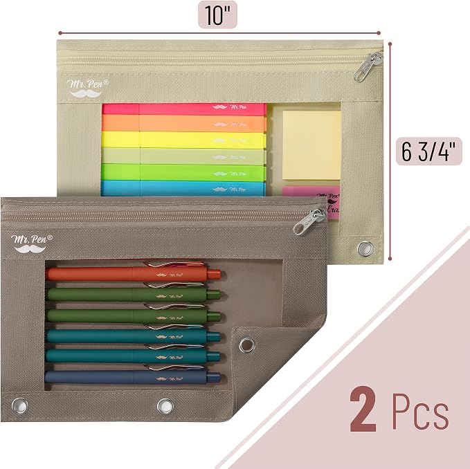 Mr. Pen- Pencil Pouch for 3 Ring Binder, 2 Pack, 10"x6.75", Smooth Zipper | Clear Window, Large Capacity Pencil Case with 3 Reinforced Grommets for School, Office, Supplies Storage | Clear Window, Large Capacity Pencil Case with 3 Reinforced Grommets f...