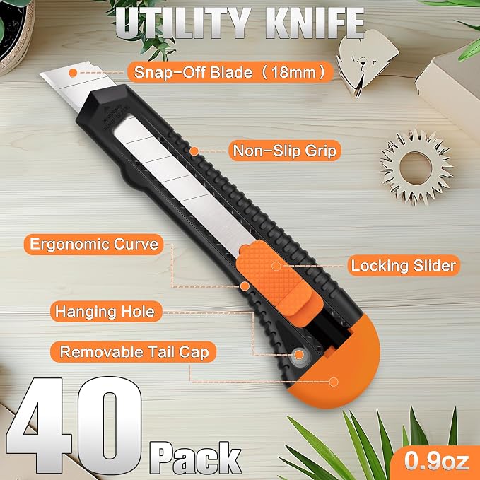 40 Pack Box Cutter Retractable, 18mm Utility Knife, Razor Knife | Snap-off blade box cutters for paper, plastic, cardboard, vinyl and leather, exacto knife for home, office, heavy-duty use