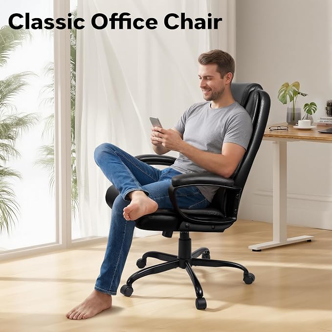 Executive Office Chair, High Back Ergonomic Desk Chair with Lumbar Support, Adjustable Big and Tall Computer Chair, 360° Swivel, PU Leather, Black