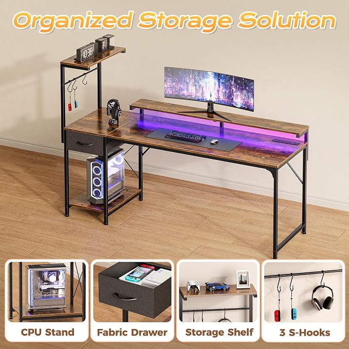 63 Inch Gaming Desk with LED Lights & Power Outlets | Computer Desk with Drawer & Storage Shelves, Office Writing Desk with Monitor Stand for Work from Home, Rustic Brown