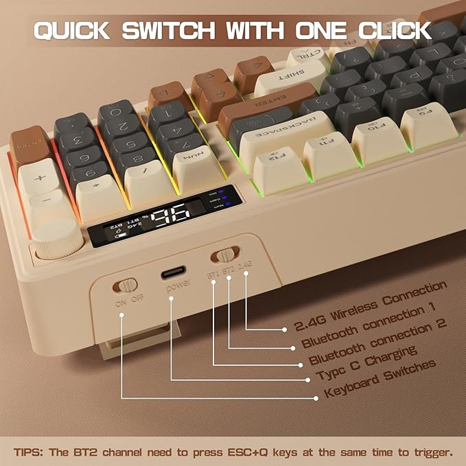 LexonElec M96 Wireless Gaming Keyboard,Knob Control Bluetooth/2.4G Wireless Mechanical Feeling Keyboard,RGB LED Backlit with Display Screen, PBT Keycap, 3000mAh, 94-Key Layout for Win/Mac(Coffee)