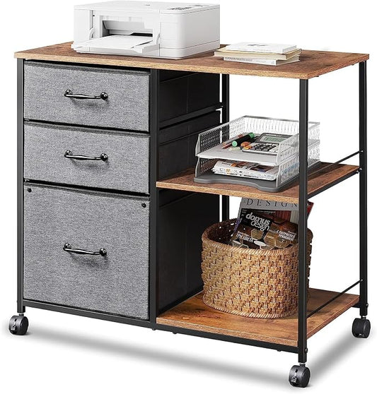 DEVAISE 3 Drawer Mobile File Cabinet with Open Storage Shelf | Rolling Printer Stand, Fabric Lateral Filing Cabinet fits A4 or Letter Size for Home Office, Rustic Brown and Gray