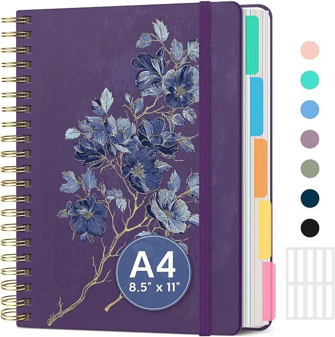 Spiral Notebooks for Work 5 Subject Notebook with Removable Dividers | Aesthetic Hardcover Journal for Women 8.5" x 11" College Ruled 280 Pages Journal for School & Note Taking, Velvet Bloom