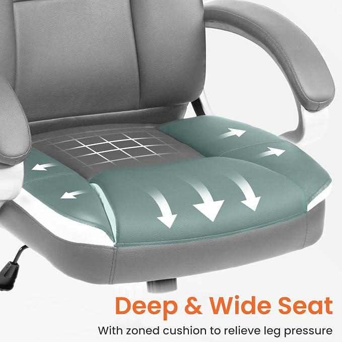 NEO CHAIR Office Desk Chair PU Leather Chair with Lumbar Support, Grey | Ergonomic High Back Executive Computer Chair, Comfortable Padded Fixed Armrests Swivel Chair with Wheels for Office/Home