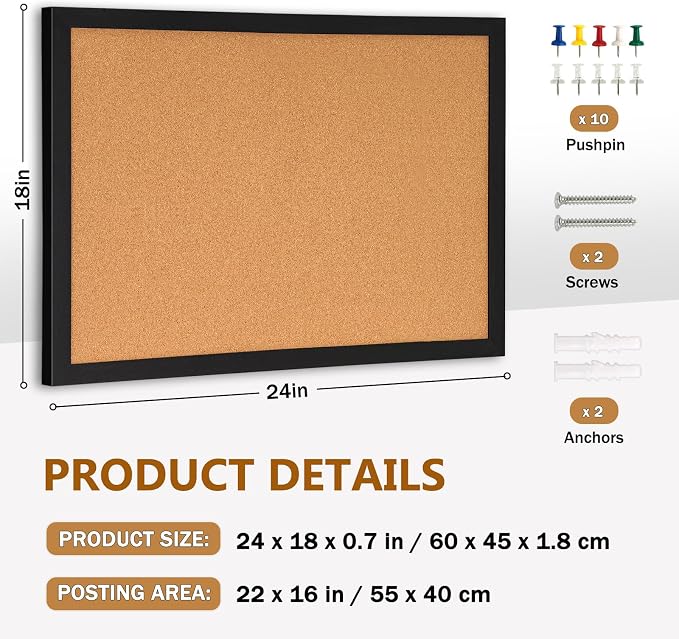 DOLLAR BOSS Cork Board for Wall 24"x18", Black Wood Framed Bulletin Board | Picture Display Pin Board, Decorative Hanging Vision Board, For Office Home School, 10 Pushpins