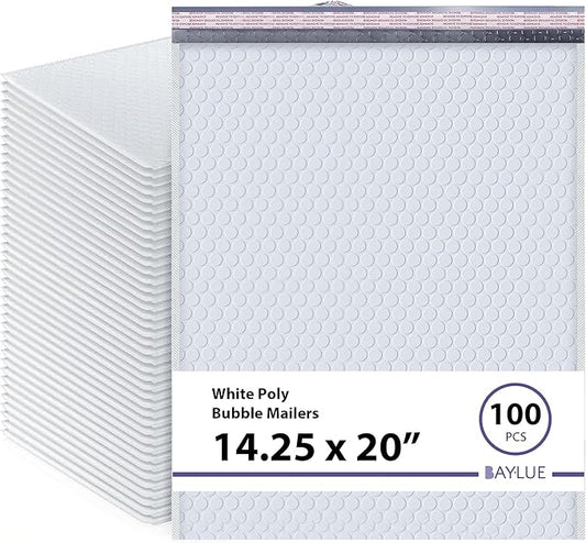 White Poly Bubble Mailers 14.50x20 Inch #7 | Self Seal Large Padded Envelopes | Air Cushioned Bubble Mailer | Usable Size 14.25x19 Inch | Waterproof Lightweight Mailing Shipping Bags | 100 Pack