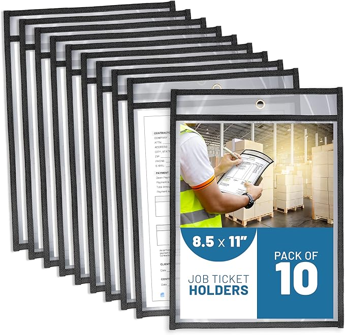 10 Pack Job Ticket Holders 8.5x11 - Work Order Plastic Sleeves for Documents - 8 1/2 x 11 Shop Ticket Holders - Dry Erase Pocket Sleeves - Dry Erase Pockets - Dry Erase Sleeve - Clear Pocket Sleeve