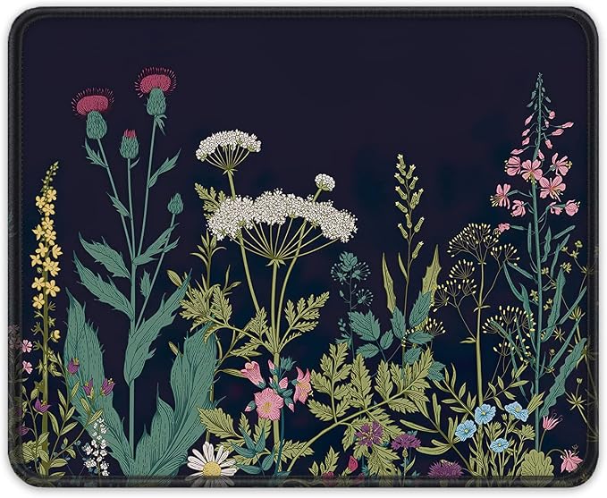 Auhoahsil Mouse Pad, 12 x 10 in Flower Theme Computer Mouse Pad for Desk, Premium-Textured Non-Slip Rubber Stitched Edges Waterproof Square Mouse Mat for Gaming Work Wireless Mice, Black