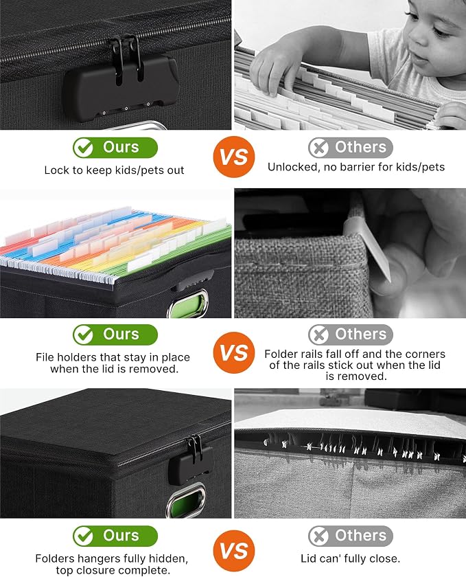 Lockable File Box Small 1-Pack Hanging Organizer for Letter-Size | Dustproof Lid. 3 Mesh Pockets. Collapsible Scratch-Resistant GRS Linen. Slide Rails. Office, Home, Dorm
