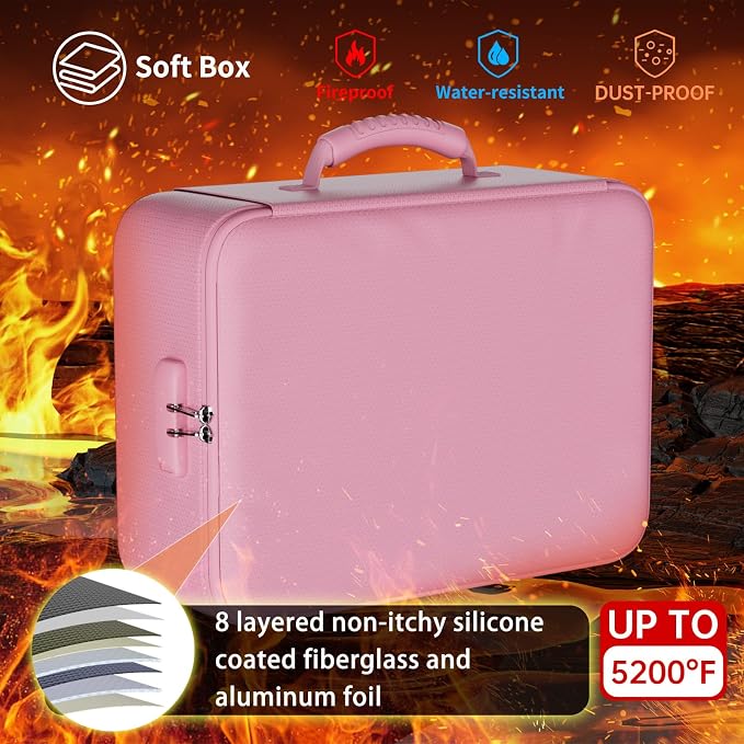 DocSafe 5200°F Fireproof Document Organizer Box with Lock, Pink (Soft) | Heat Insulated 8 Layers File Protection Bag,Water-Resistant Zipper,Portable Home Office Travel Safe Storage for Files,Laptop