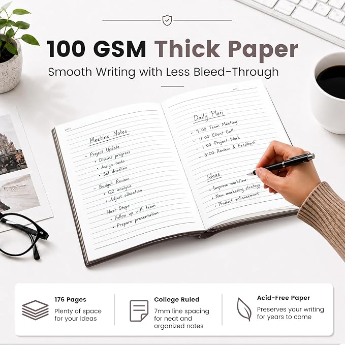 CAGIE Lined Journal Notebook for Men & Women,176 Pages A5 Medium Size, Softcover Leather Journals for Writing, College Ruled Notebook for Work & School, 100 GSM Thick Paper (5.7'' x 8.3'') (Taupe)