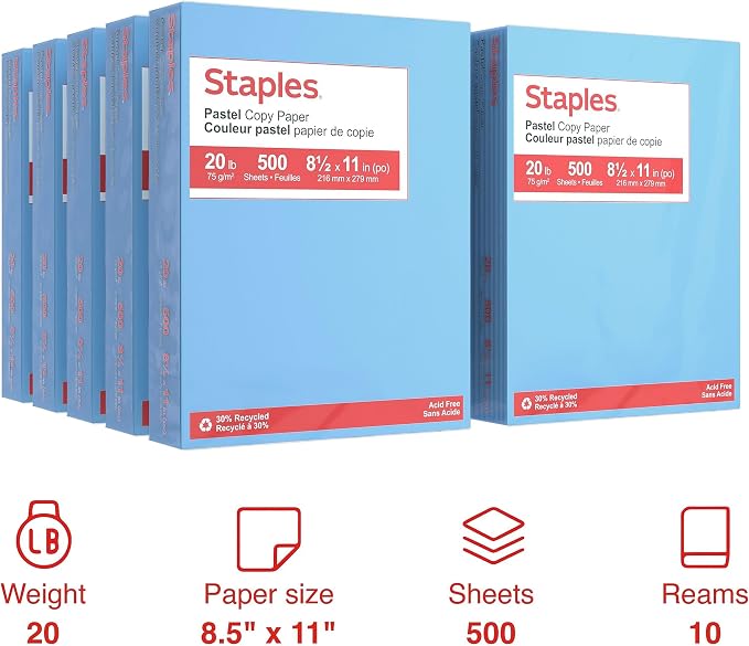 Staples Pastel 30% Recycled 8.5" x 11" Color Copy Paper, 20 Lbs., Blue, 5000 Sheets/Carton