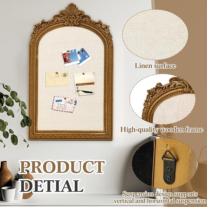 Vintage Framed Pin Board Linen Display Bulletin Board Large Ornate Fabric Picture Photo Pinboard Memo Decorative Prayer Pinboard Ornate for Wall Gift(Arch,16'' X 25'',Antique Gold)