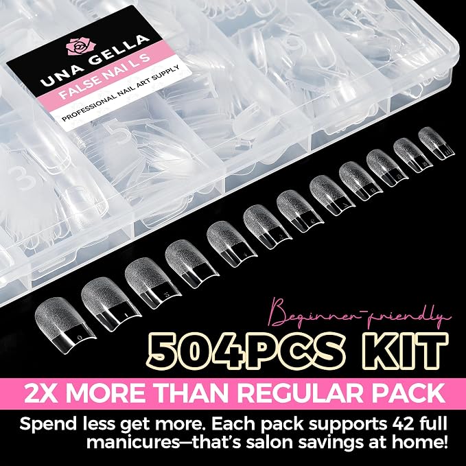 UNA GELLA Nail Tips Square 504PCS Short Square Nail Tips Pre Etched | Gel Fake Nails Tips, No C Curve For Women DIY Nail Extension Press ons Salon Home Full Cover Soft Acrylic False Tips 12 Sizes