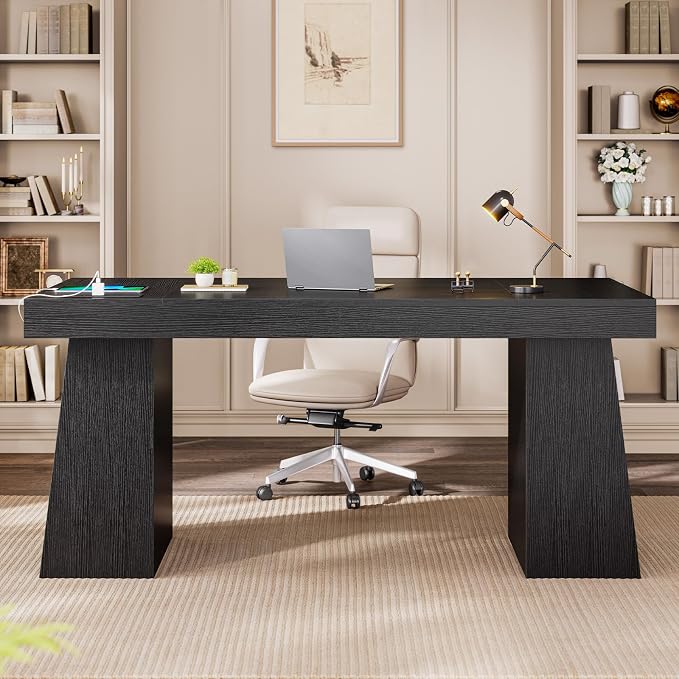 55.9 in Executive Desk with Power Outlets, Modern Home Office Desk with Storage Cabinet, Wood Computer Desk Business Workstation Desk Conference Table, Black (Storage Cabinet)