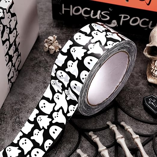 Whaline 109 Yard Halloween Packing Tape Black White Ghost Decorative Gift Wrapping Tape for Small Business DIY Crafts Box Carton Decor