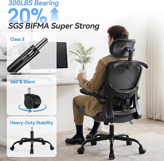 Office Chair Ergonomic Desk Chairs with Adjustable Lumbar Support& Headrest Hanger, High Back Breathable Mesh Chair with Wheels, Rolling Swivel Comfy Task Computer Chair for Home Work Gaming