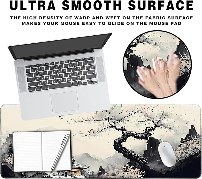 Long Gaming Mouse Pad Extended Anime Large Desk Pad with Non-Slip Base Full Keyboard Mat with Stitched Edges for Gaming and Office 31.5 x 11.8 inches (Wash Painting)