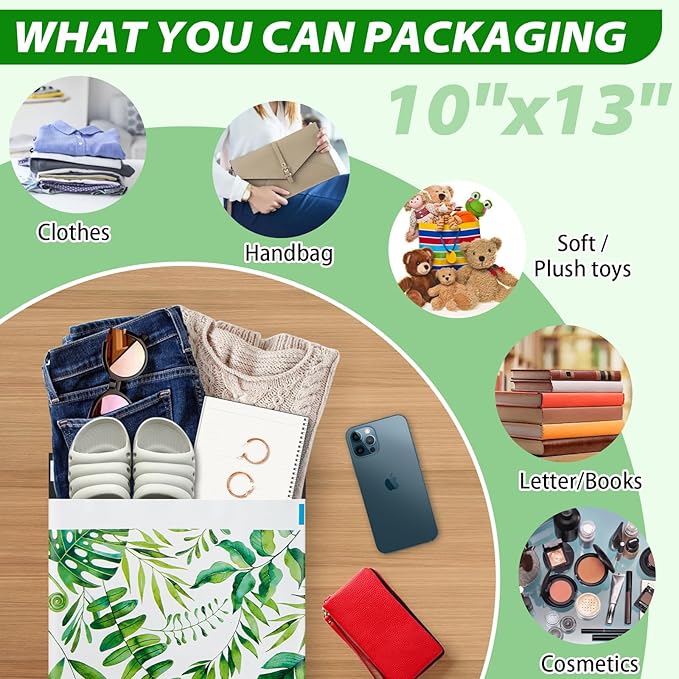 Oududianzi Poly Mailers 10x13, 100 Pack Thank You Shipping Bags, Mailing bags, Mailers Poly Bags for shipping, Shipping Envelopes, Packaging Bags for Shipping - Green leaf