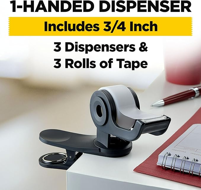 Scotch Brand Clip & Twist Tape Dispenser, Great for Gift Wrapping, Clips to Desks, Tables, Easy Charcoal Gray, 3-Pack (C19-3PK-SIOC)