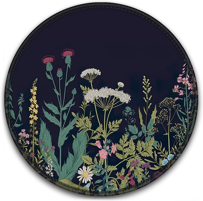 BOSOBO Mouse Pad, Round Floral Mouse Mat, Cute Mouse Pad with Design, Non-Slip Rubber Base Mousepad with Stitched Edge, Waterproof Women Office Mouse Pads, Small Size 7.9" x 7.9", Black Flowers
