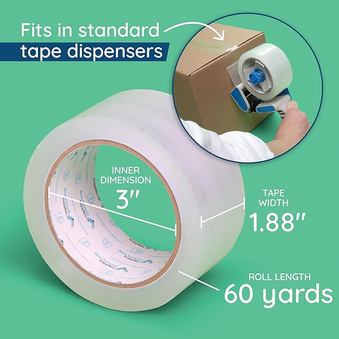 Blue Summit Supplies Clear Packing Tape Refills Bulk, 12 Pack, Heavy Duty Packaging Tape Rolls, 2 Inch Wide for Moving Boxes, Shipping, Sealing, 2.7mil Thick, 60 Yard Length, 720 Total Yards