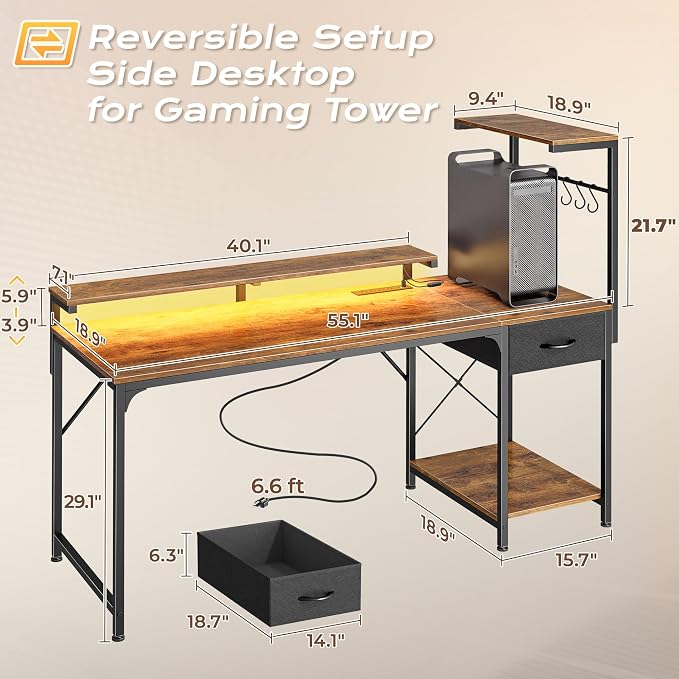55.1 Inch Gaming Desk with LED Lights & Power Outlets | Computer Desk with Drawer & Storage Shelves, Office Writing Desk with Monitor Stand for Work from Home, Rustic Brown
