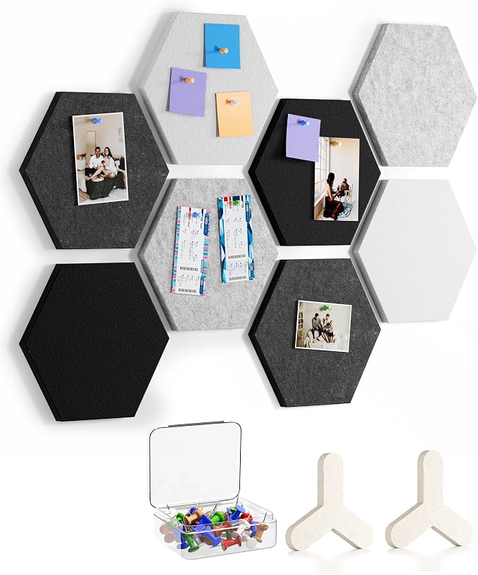 MaxGear Hexagon Bulletin Board, 8Pcs Wall Panels Office Decor Gradual Grey | Large Cork Boards For Walls Alternative, Hexagon Felt Wall Tiles Vision Board Pictrure Room Wall Decor With Push Pins