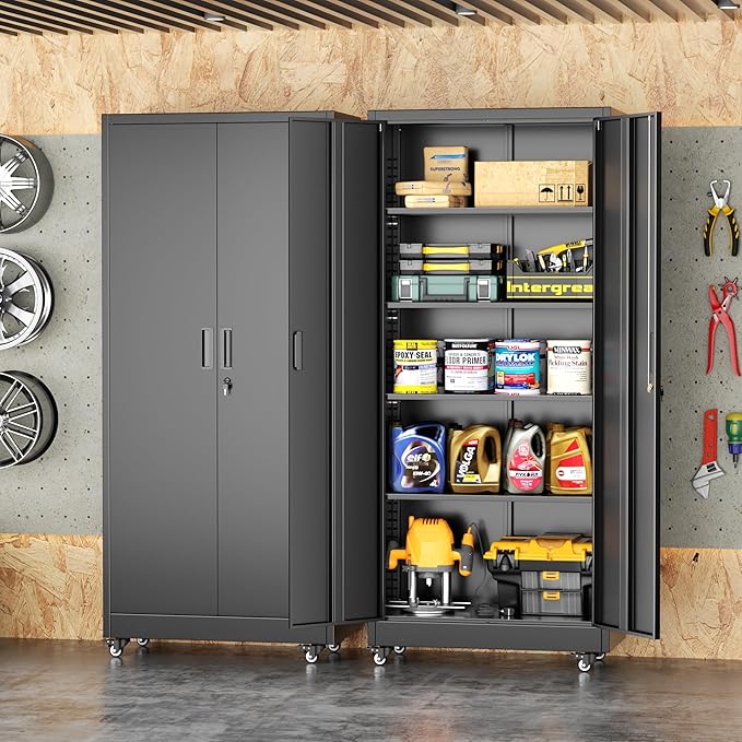 Metal Storage Cabinet with Wheels, 73" Rolling Storage Cabinets with Door and 4 Shelves, Tall Storage Cabinets Locker on Caster for Home, Office, Black