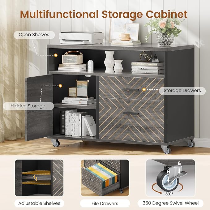 SEDETA 71" Executive Desk with Rolling File Cabinet, Large Office Desk with Drawers, L Shaped Computer Desk with Power Outlets, CPU Stand, Pegboard and Storage Shelves, Gray